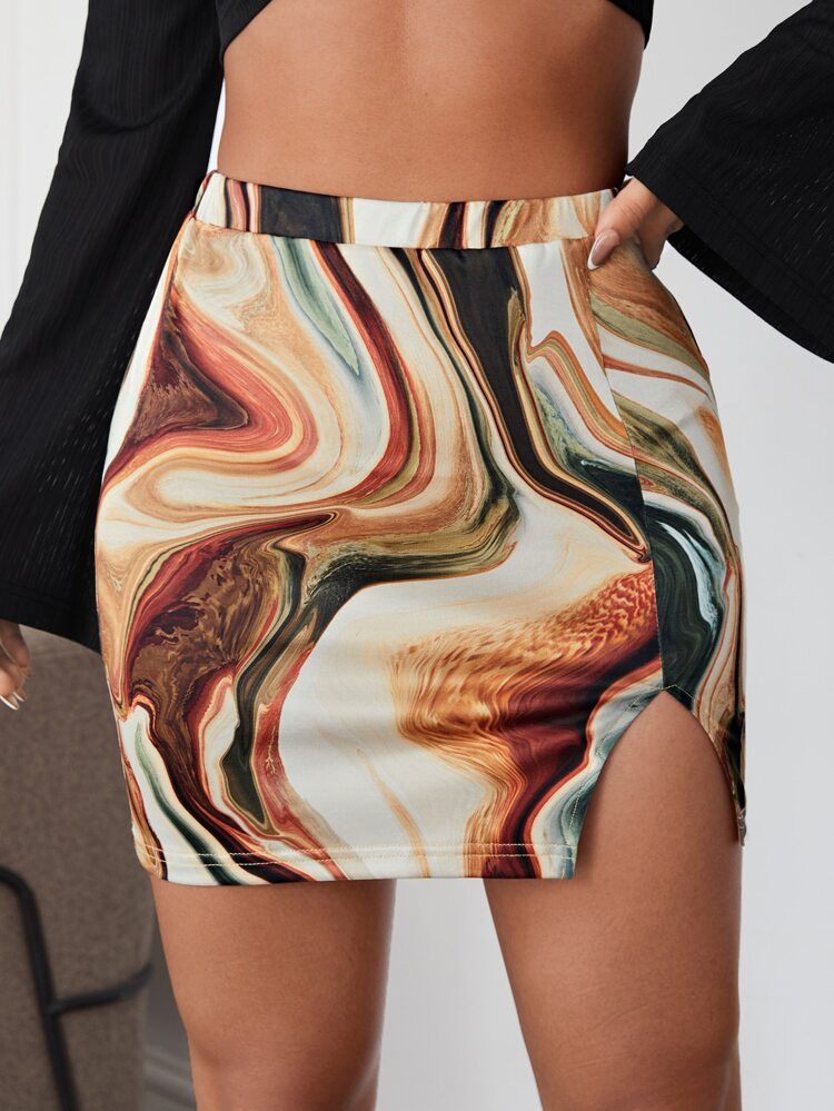 SHEIN Marble Print Split Hem Bodycon Skirt | SHEIN
