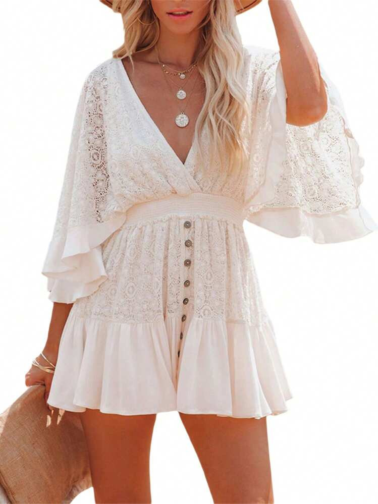 Women Boho Dress, Middle Flared Sleeves V-Neck Button Decoration Cake Beach Long Skirt | SHEIN