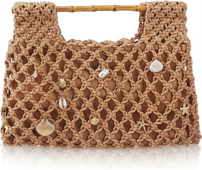 Women Crochet Woven Mesh Handbag 14" x 8" Bamboo Summer Seaside Beach Vacation Straw Tote Wedding... | Amazon (US)