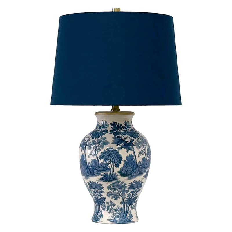 Blue Chinoiserie Table Lamp with White Shade, Medium | At Home
