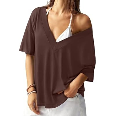 REORIA Women's Trendy Oversized V-Neck T Shirt Drop Shoulder Contrast Stitching L… | Amazon (US)