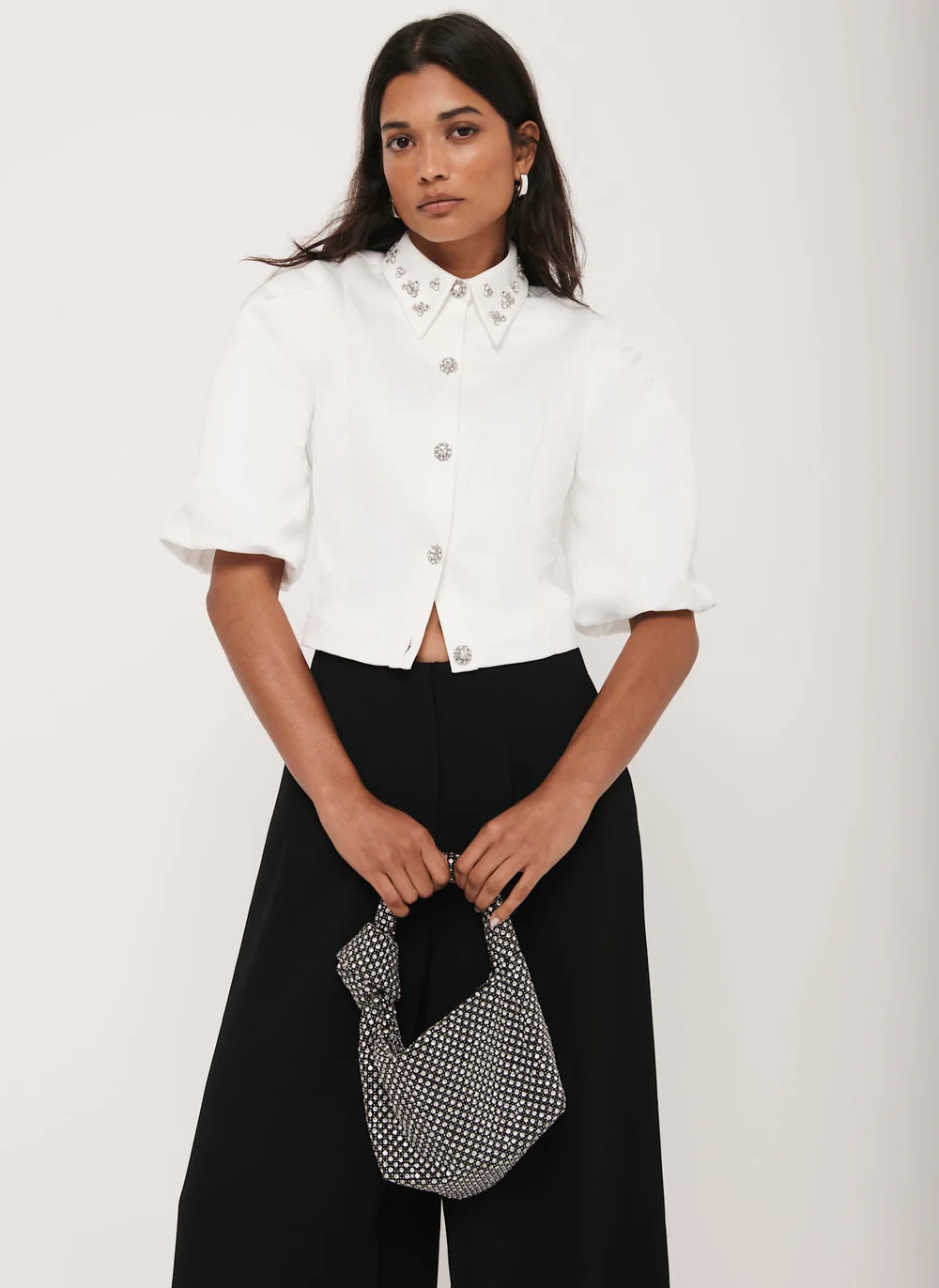 White Embellished Collar Cropped Shirt | Mint Velvet - US