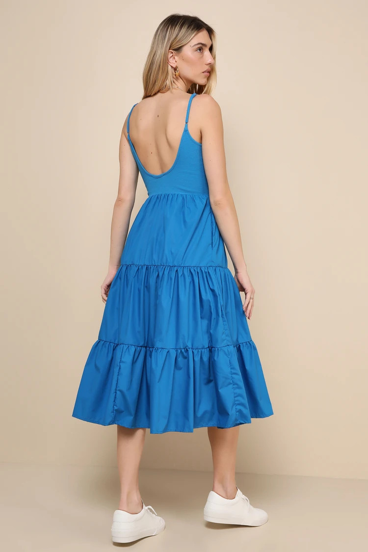 Lovable Cutie Blue Sleeveless Tiered Midi Dress With Pockets | Lulus