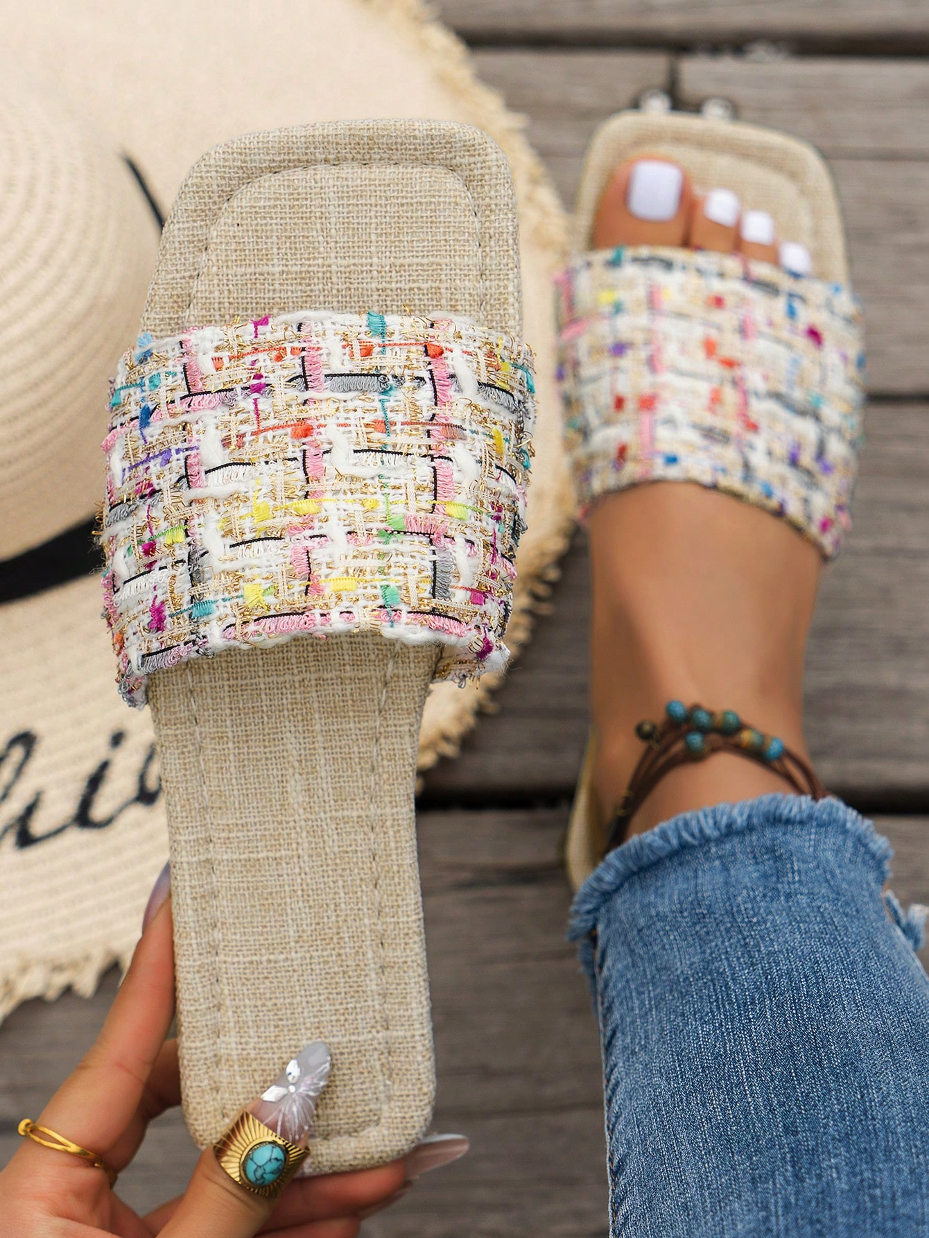 Summer Women's Flat Sandals National Style Embroidery Fabric Colored Plaid Slippers Random Patter... | SHEIN