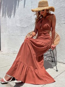 Cut Out Crisscross Ruffle Hem Tie Backless Halter Dress SKU: sw2203092388650243(100+ Reviews)Tren... | SHEIN