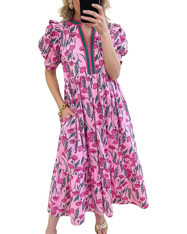 Womens Boho Floral Dresses 2025 Summer Casual Short Puff Sleeve Midi Dress V Neck Tiered Flowy Su... | Amazon (US)