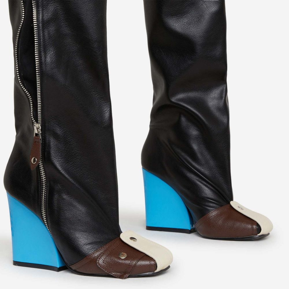 Senna Buckle Detail Square Toe Blue Wedge Heel Knee High Long Boot In Black Faux Leather | EGO Shoes (US & Canada)