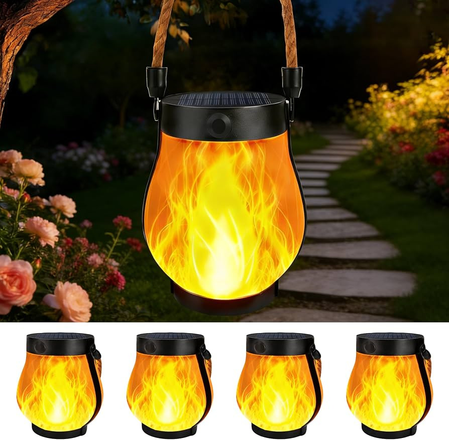 4 Pack Solar Lanterns Outdoor Waterproof, Flickering Flame Hanging Lanterns | Amazon (US)
