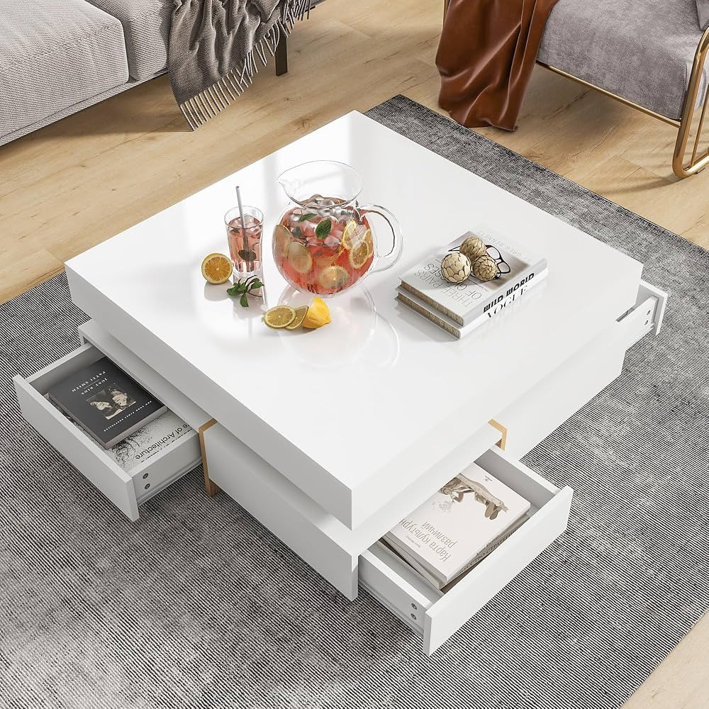 Merax Modern High Gloss Multi-Storage Square Cocktail Coffee Table with 4 Drawers and Wood Grain ... | Amazon (US)