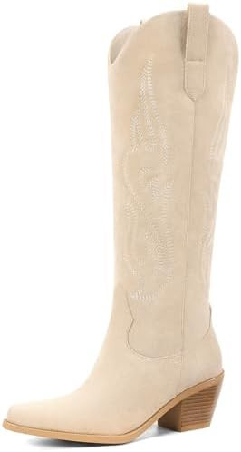 Pasuot Western Cowboy Boots for Women - Knee High Wide Calf Cowgirl Boots, Slip On Pointed Toe Ch... | Amazon (US)