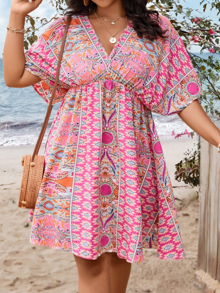 Plus Allover Print Batwing Sleeve Dress | SHEIN