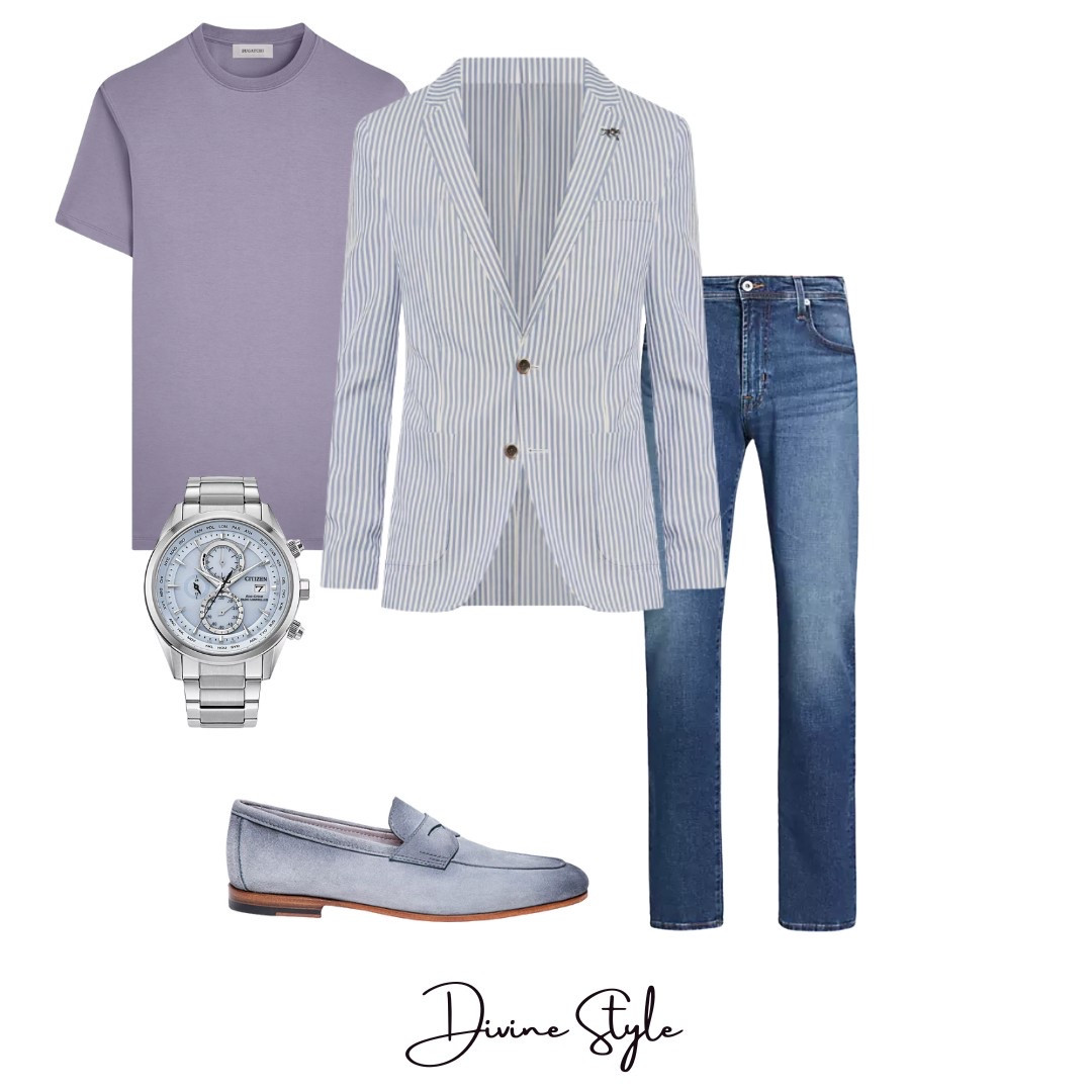 Men’s mart casual outfit with a seersucker blazer, jeans and polished fitted t-shirt in purple. This outfit combination you can wear again with different color t-shirts. 

#LTKShoeCrush #LTKStyleTip #LTKMens
