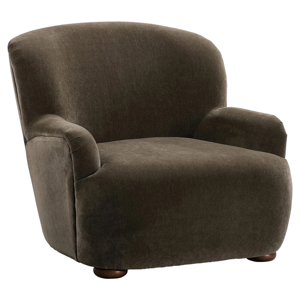 Kaden Modern Classic Olive Green Velvet Brown Wood Wingback Arm Chair | Kathy Kuo Home