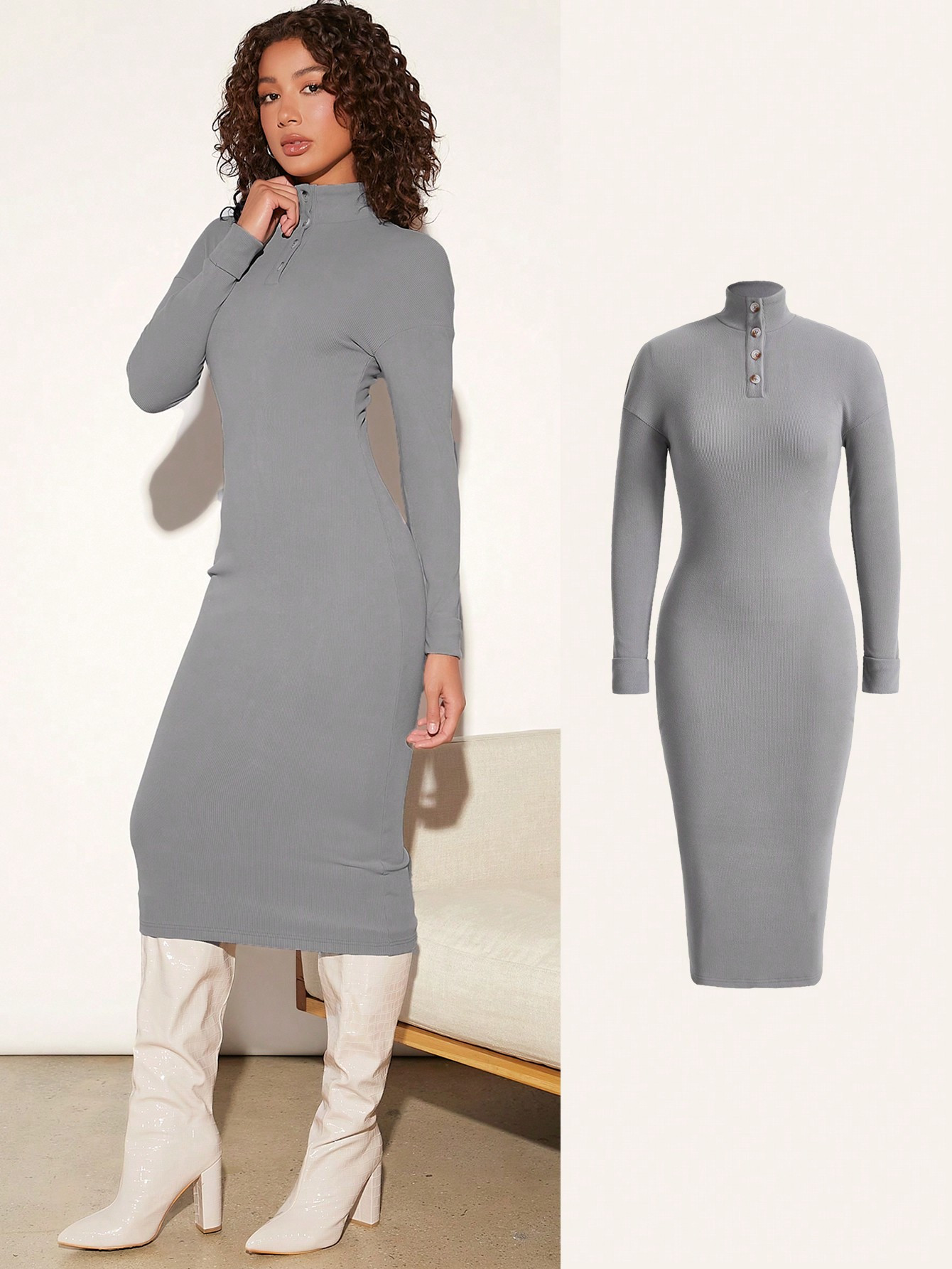 SHEIN BASICS Mock Neck Drop Shoulder Button Detail Bodycon Dress | SHEIN