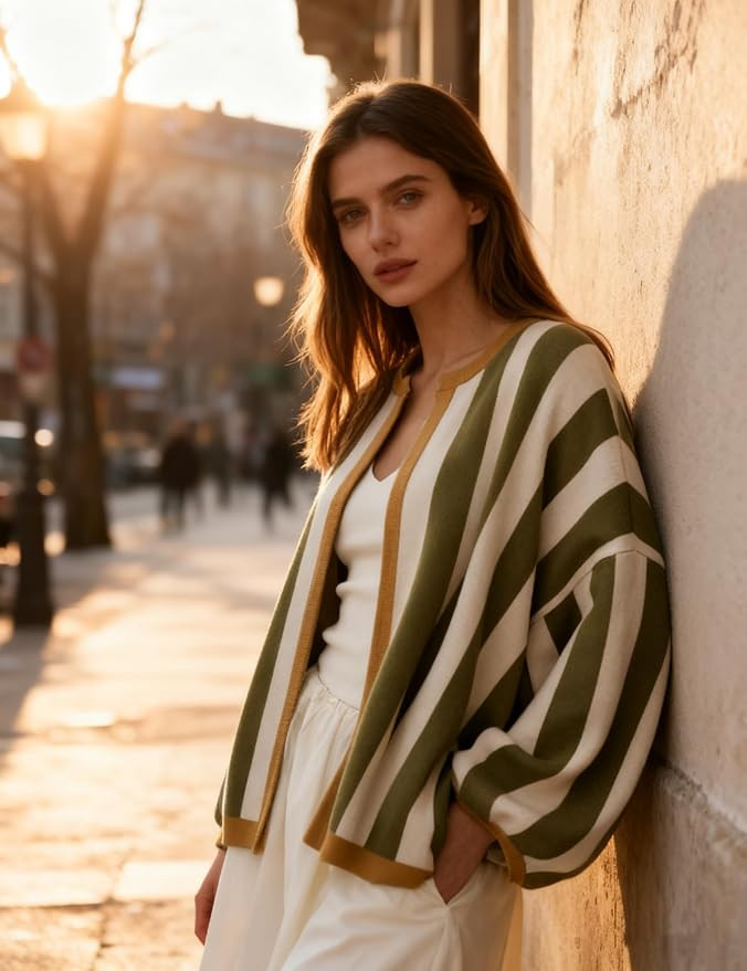 Women's Casual Loose Fit Striped Cardigan Long Balloon Sleeves Open Front Knit Sweater | Amazon (US)