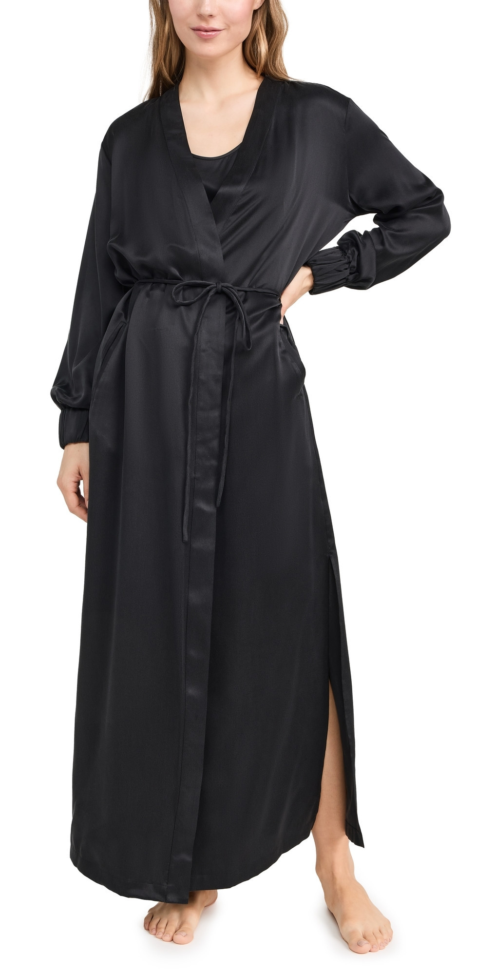 Lunya Washable Silk Long Robe Immersed Black XS/S | Shopbop