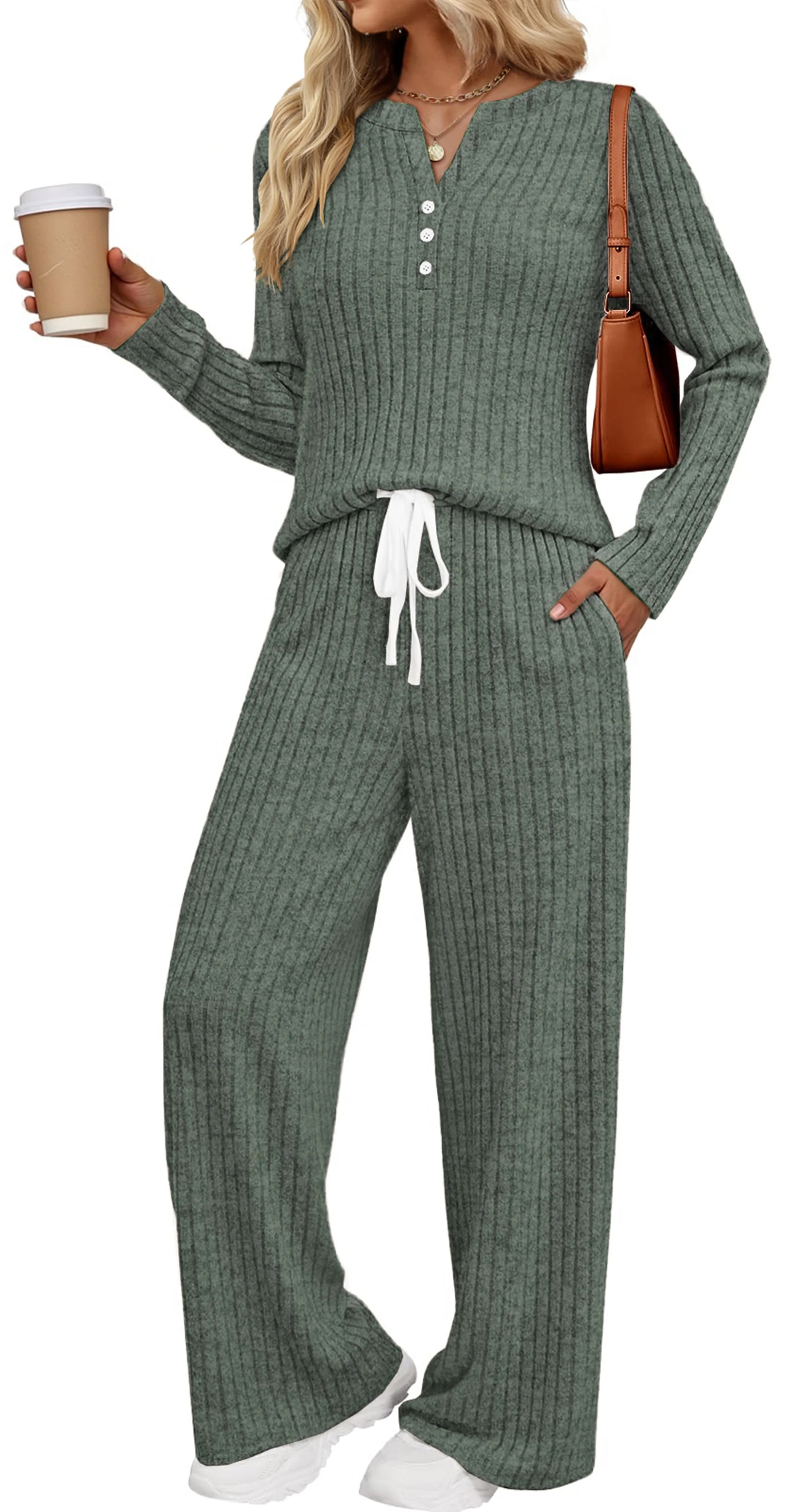 Fantaslook Two Piece Lounge Sets for Women Fall Travel Outfits Henley Neck Sweater tops Wide Leg ... | Walmart (US)