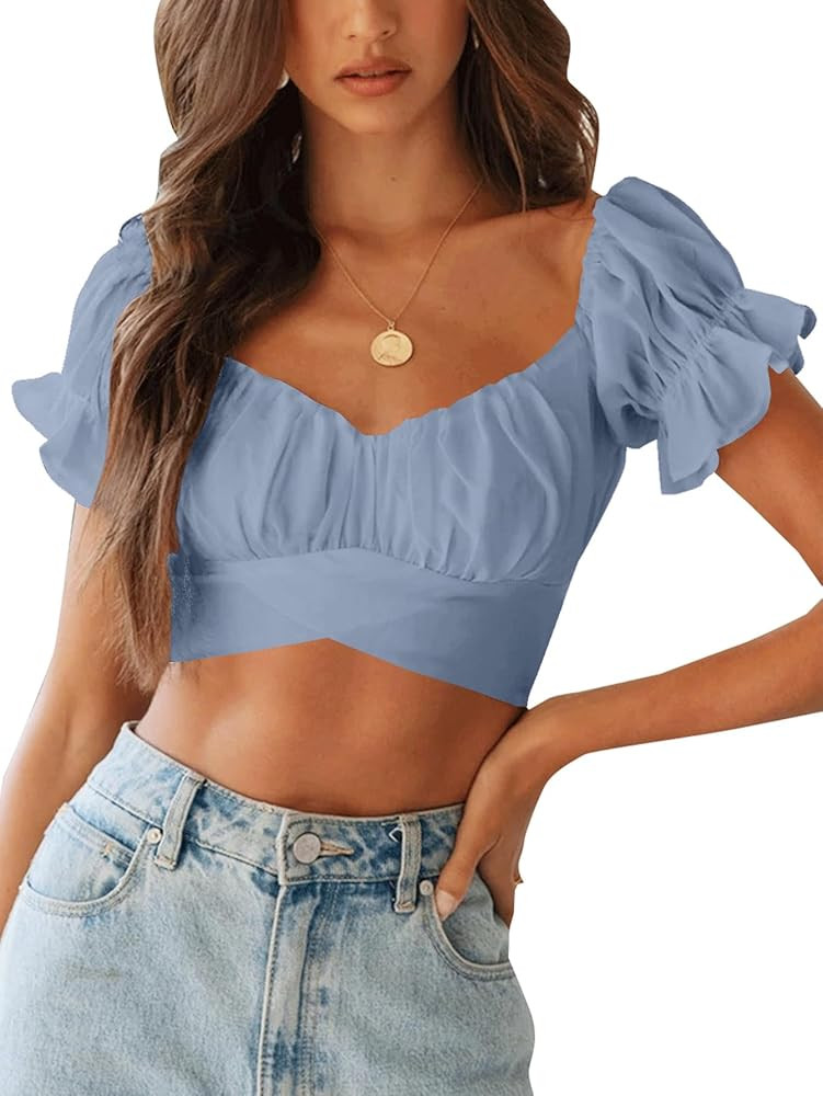 LYANER Women's Ruffle Short Sleeve Tie Up Back Crop Top Off Shoulder Bardot Blouse | Amazon (US)