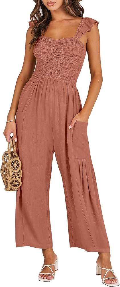 ANRABESS Women Summer Casual Dressy Sleeveless Smocked Wide Leg Linen Jumpsuits Rompers Outfits w... | Amazon (US)