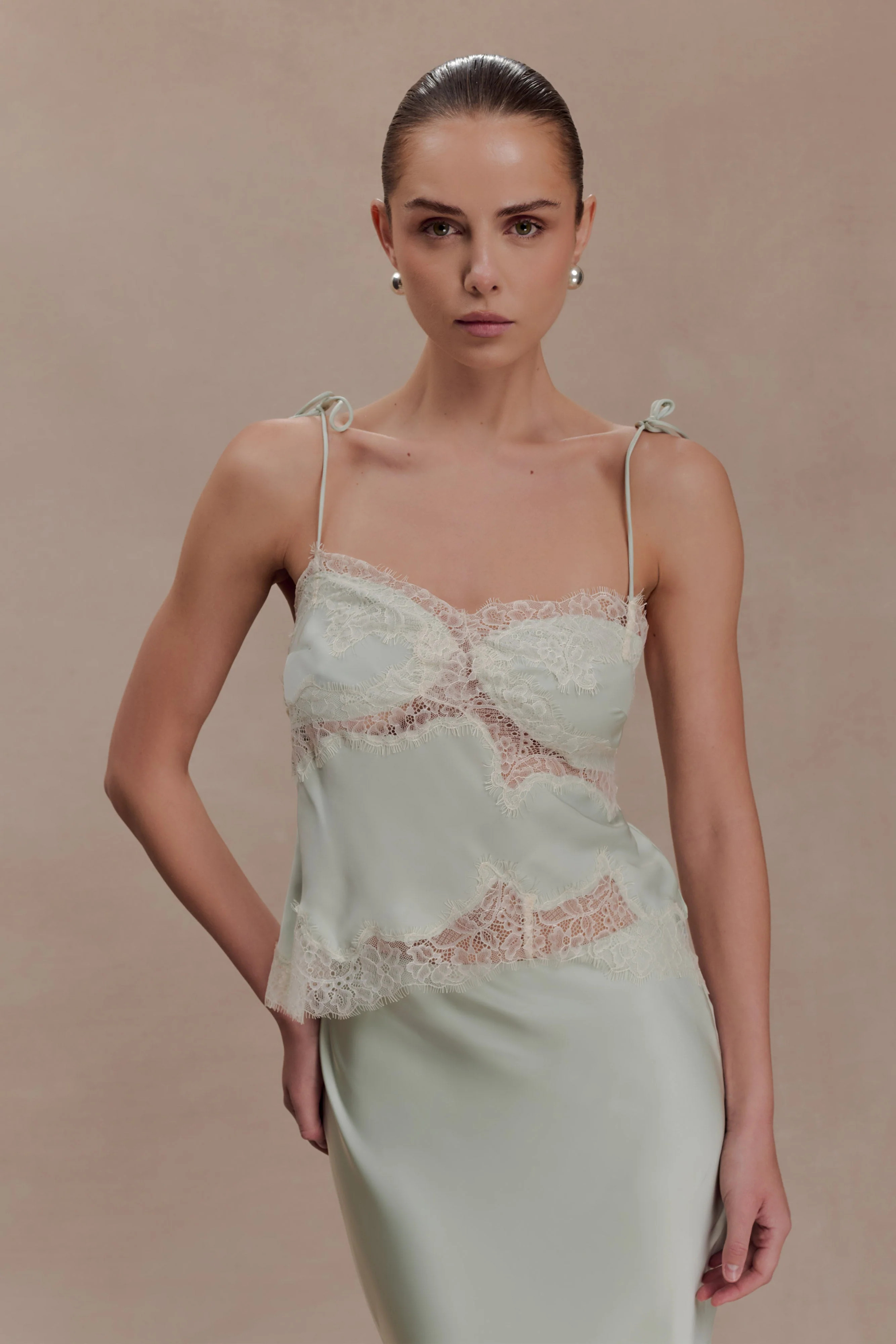 Satin And Lace Camisole - Sage | MESHKI US