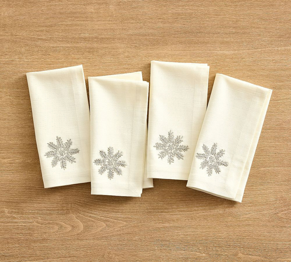 Snowflake Embroidered Cotton Napkins, Set of 4 - White/Silver | Pottery Barn (US)