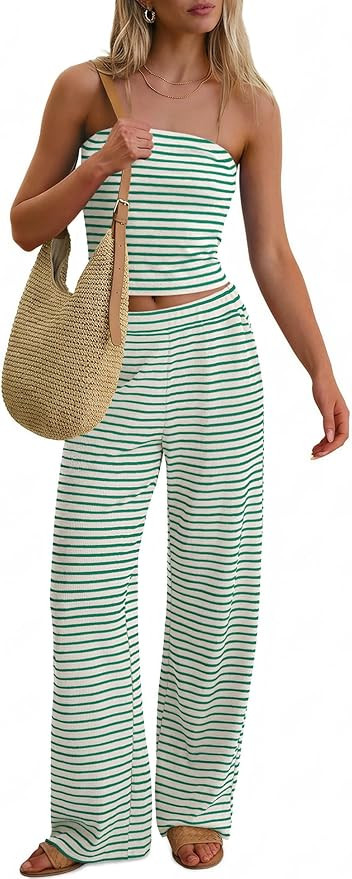 ANRABESS Women 2 Piece Sets Summer Striped Outfits Matching Tube Top Wide Leg Lounge Pants 2026 T... | Amazon (US)