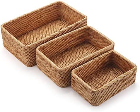 Natural Rattan Fruit Storage Baskets Rectangular Woven Wicker Box for Key Holder Remote Stackable... | Amazon (US)