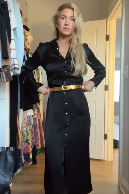 Black satin shirt dress (wearing size 0) + gold belt  

#LTKworkwear #LTKSpringSale #LTKstyletip