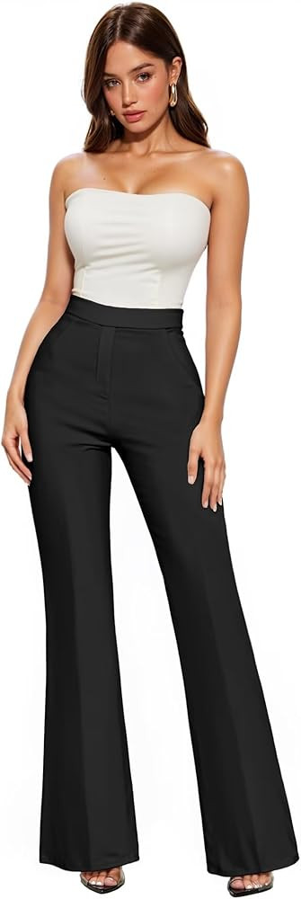 Hybrid & Company Womens Ultra Stretch Ponte Flare Pants-High Rise,Faux Pockets,Pull On,Wrinkle Re... | Amazon (US)