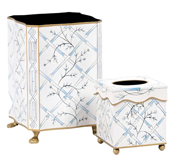 Blue Bamboo & Floral Tissue Holder & Wastepaper Basket | The Enchanted Home