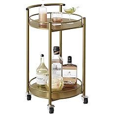 Bar Cart Gold Rolling Cart for Home,2 Tiers Bar Serving Cart Round Wine Cart with Handle, Metal W... | Amazon (US)