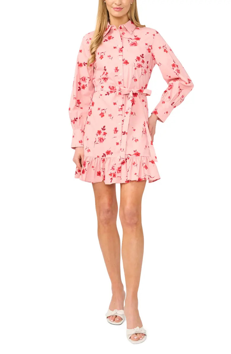 Ruffle Floral Print Tie Waist Shirtdress | Nordstrom