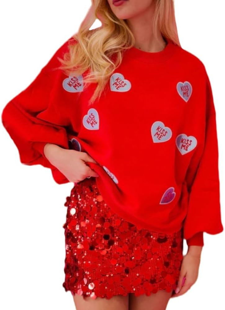 Valentines Love Heart Shirts for Women Girls Holiday Cute Bow Letter Sweater Long Sleeve Sequin G... | Amazon (US)