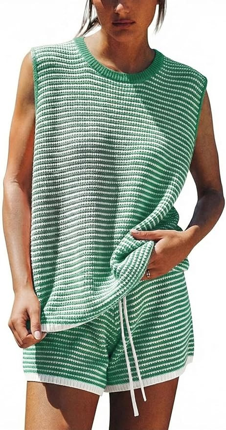 EXLURA Women's Sleeveless Sweater Set 2 Piece Outfits Striped Crewneck Knit Tank Tops and Shorts ... | Amazon (US)
