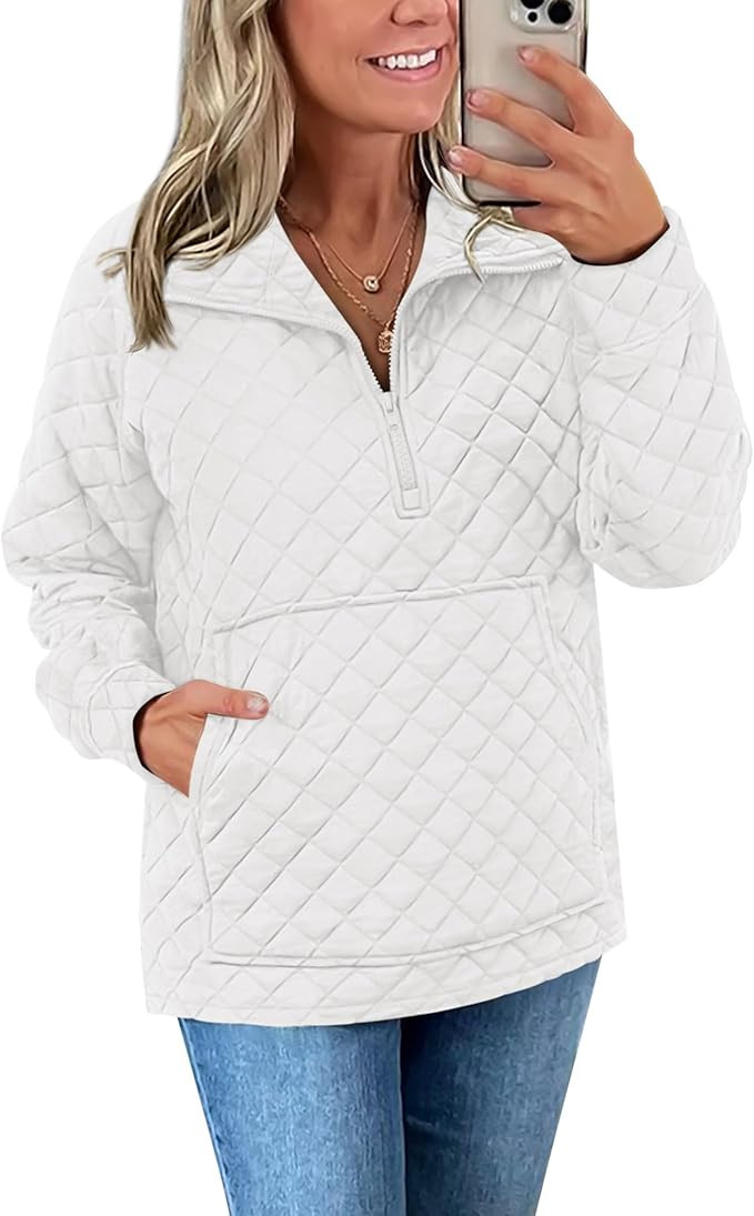 PRETTYGARDEN Women's Winter Quilted Sweatshirt Casual Quarter Zip Collared Long Sleeve V Neck Pul... | Amazon (US)