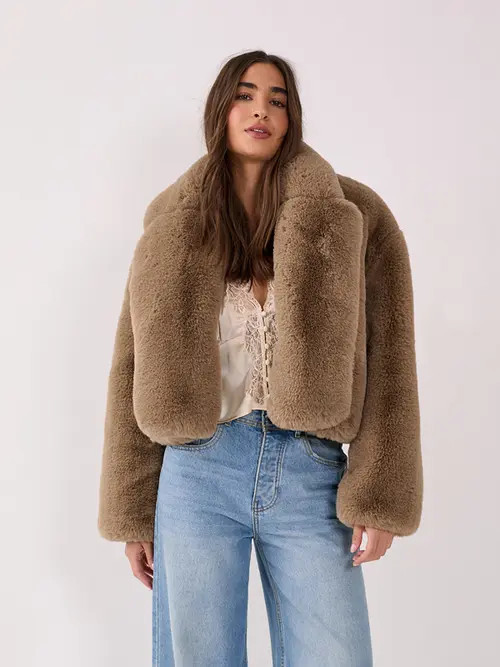 NASTY GAL Cropped Collar Faux Fur Jacket in Mink at Nordstrom, Size 6 | Nordstrom