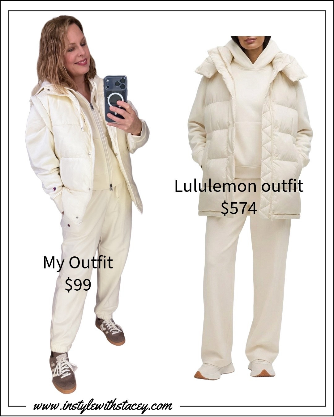 Saw a woman wearing this outfit and asked her where she got it. I LOVE the Lululemon pieces she was wearing but $574 felt a bit high. I went hunting to get as close as I could and my similar outfit comes in under $100. The vest is on sale! I’m going to wear these pieces so much! 

I’m wearing a small in the zip up hoodie and I returned the size large pants I’m wearing an exchange for a medium. I could have done a small, I think, but I like the loose fit-the way it was intended to be worn. My vest is from Amazon and oversized. I like it TTS in the small. It comes in a ton of colors.