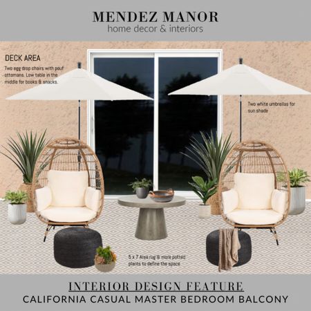 This is the 2D design board for my client’s master bedroom balcony. You can see some of the “finished” shots by scrolling through my shop. 

We are using two comfy egg chairs and two sturdy outdoor umbrellas to provide shade during the day.

Don’t forget to treat each little space in your home with thoughtful care! 

My client has a beautiful view from this balcony and  can see 5 different firework shows depending on the night! 
…………………………………………………………
With my online interior design services, I design, you implement, and together we create a cohesive design plan tailored to your style! 🙌🏻 Click the “Get Started” link in bio to learn more about my process. I would love to work with you! 🏡
…………………………………………………………
#patiodecor #outdoorfurniture #balconydecor

#LTKhome
