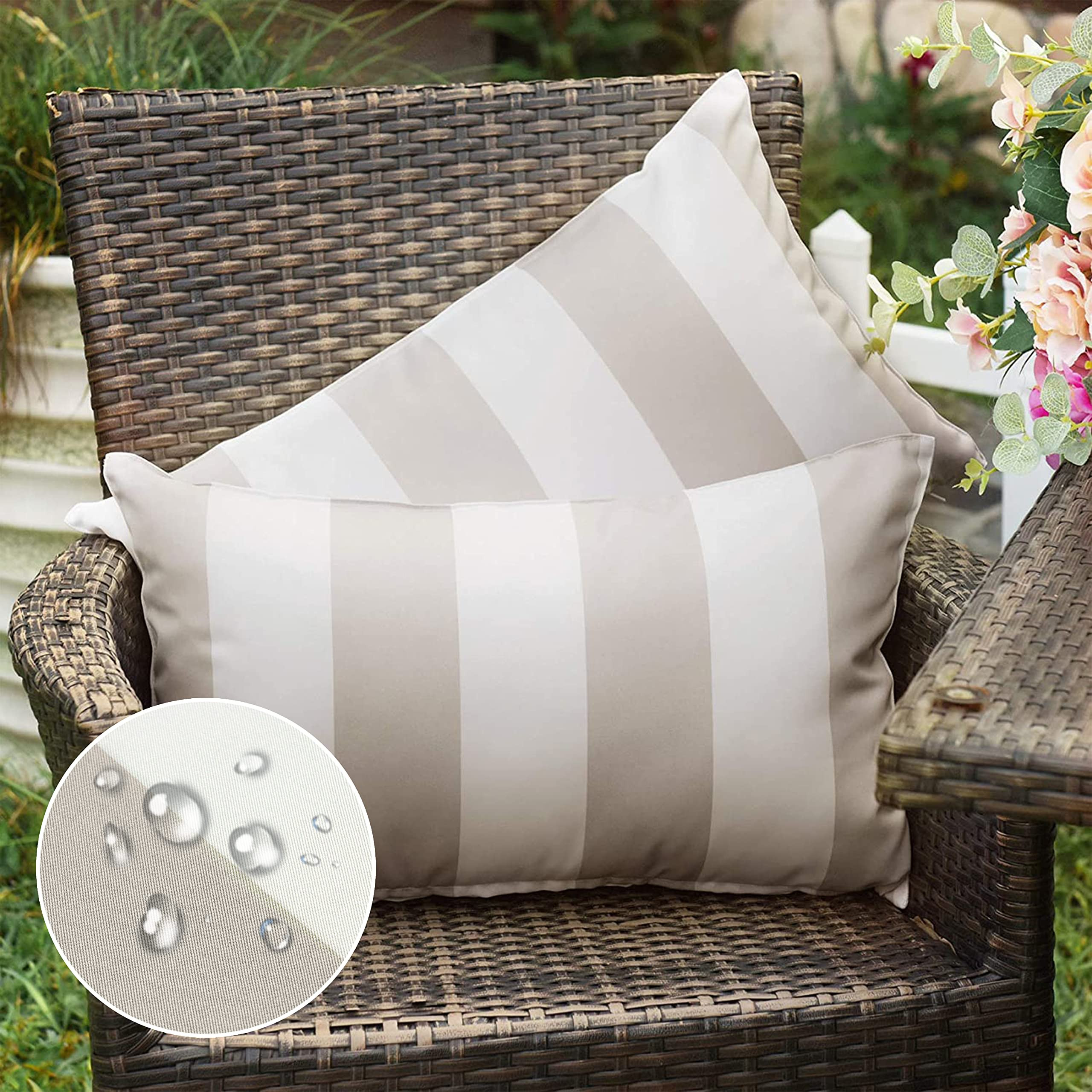 Western Home Pack of 2 Outdoor Waterproof Striped Throw Pillow Covers Beige Grey Decorative Pillo... | Amazon (CA)