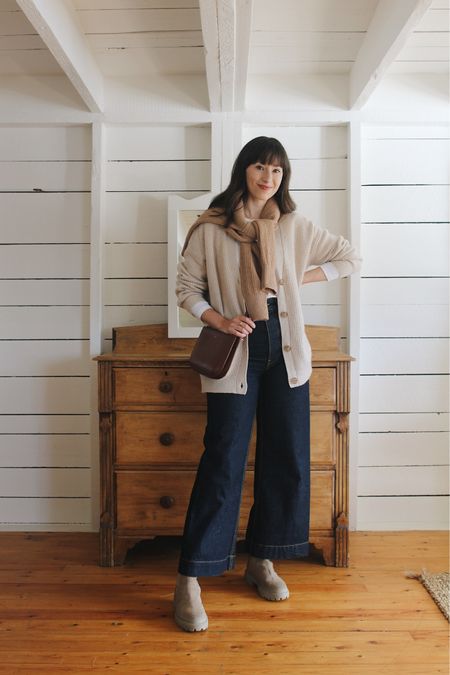 ALPACA CREW (true to size)
CASHMERE COCOON CARDIGAN (size down - use LEE15 for 15% off)
SUPIMA MICRO-RIB CREWNECK
JESSE KAMM SAILOR PANT
SUEDE CORTICELLA CHELSEA BOOT
SARAH BAG A.P.C. 

#LTKSeasonal