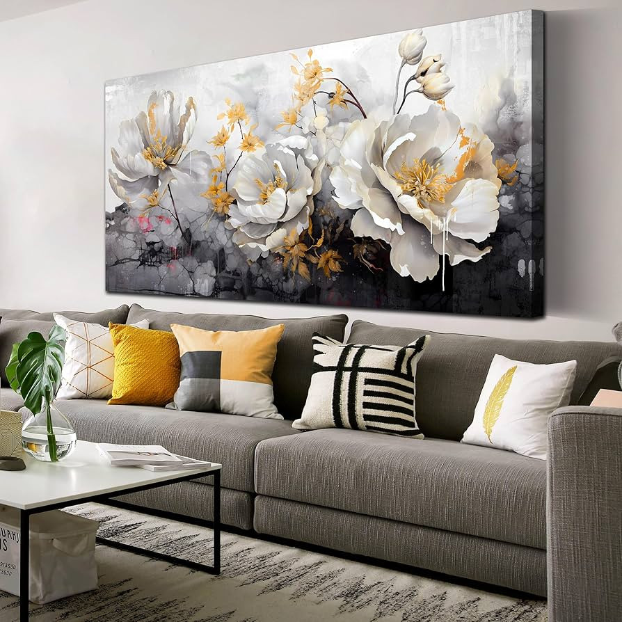 Flower Wall Art for Living Room, Gold and White Peony Canvas Print Painting for Bedroom, Floral P... | Amazon (US)