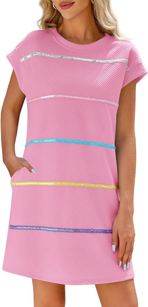 Wenrine Womens Textured T Shirt Dress Short Sleeve Summer Casual Sequin Stripe Mini Dresses | Amazon (US)