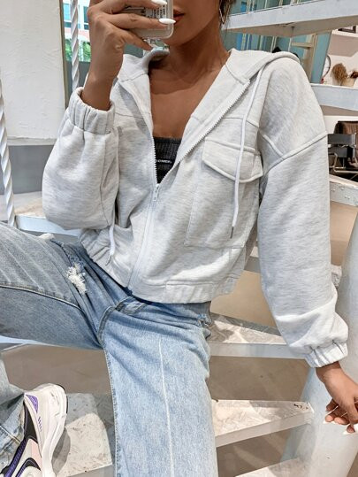 Flap Pocket Drop Shoulder Drawstring Hooded Jacket | SHEIN