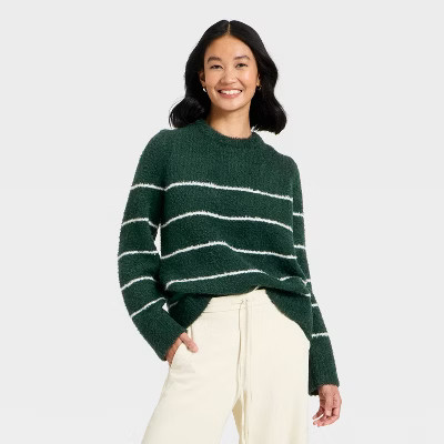 Women's Fuzzy Pullover Sweater - A New Day™ Green Striped L | Target