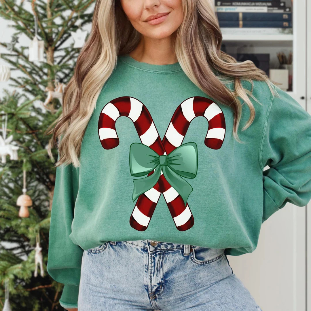 Candy Cane Sweatshirt, Christmas Shirt for Women, Bow Sweatshirt, Holiday Crewneck, Christmas Coq... | Etsy (US)