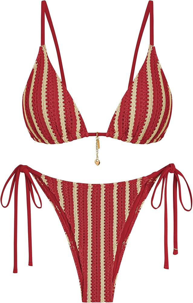 ZAFUL Crochet Bikini Sets for Women Cheeky Two Piece Bathing Suits Striped Brazilian High Cut Kni... | Amazon (US)