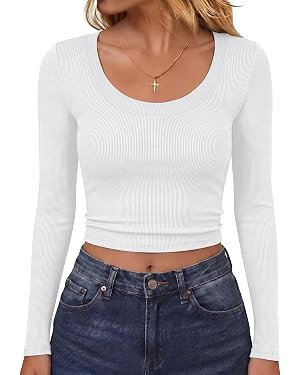 ANRABESS Long Sleeve Crop Top for Women Scoop Neck Ribbed Shirts | Fitted T-Shirts, Comfy Soft La... | Amazon (US)