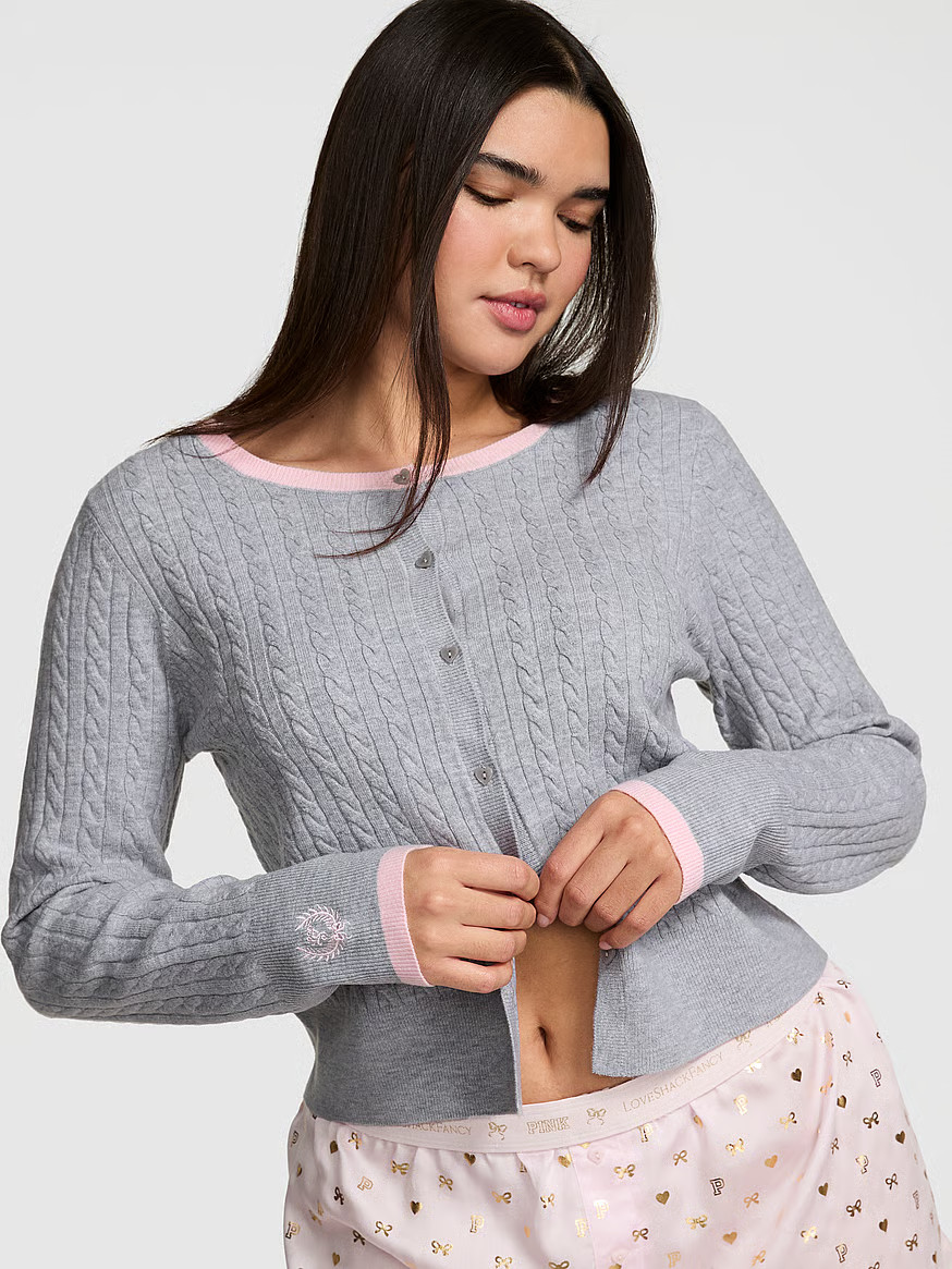 Buy PINK x LoveShackFancy Shrunken Cardigan, Vs Med Heather Grey - Order Sweaters online - PINK U... | Victoria's Secret (US / CA )