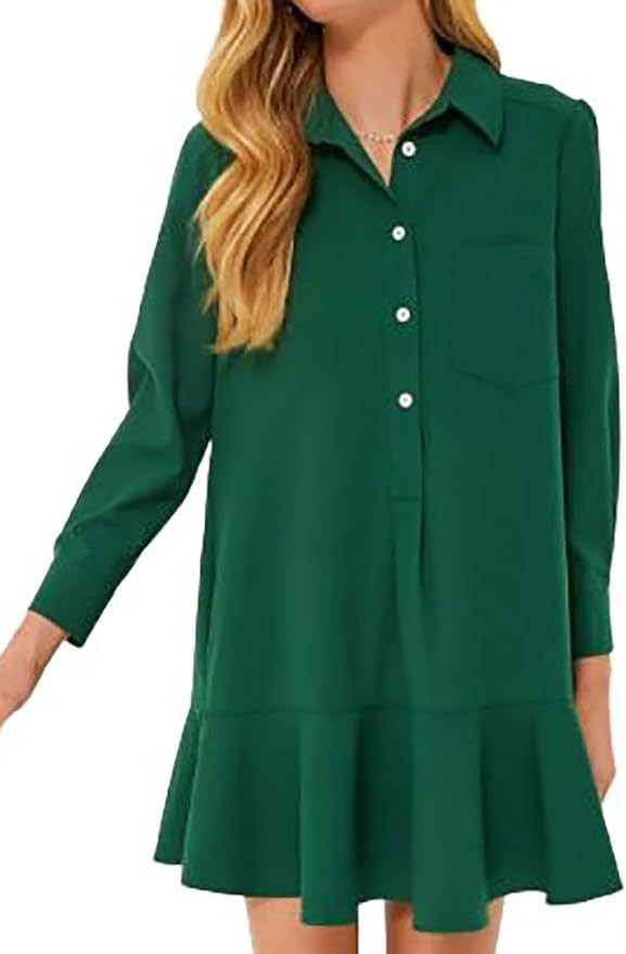 utcoco Women's 2024 Summer Linen Dresses Casual Loose Fit Rolled Up Long Sleeve Button Up Ruffle ... | Amazon (US)