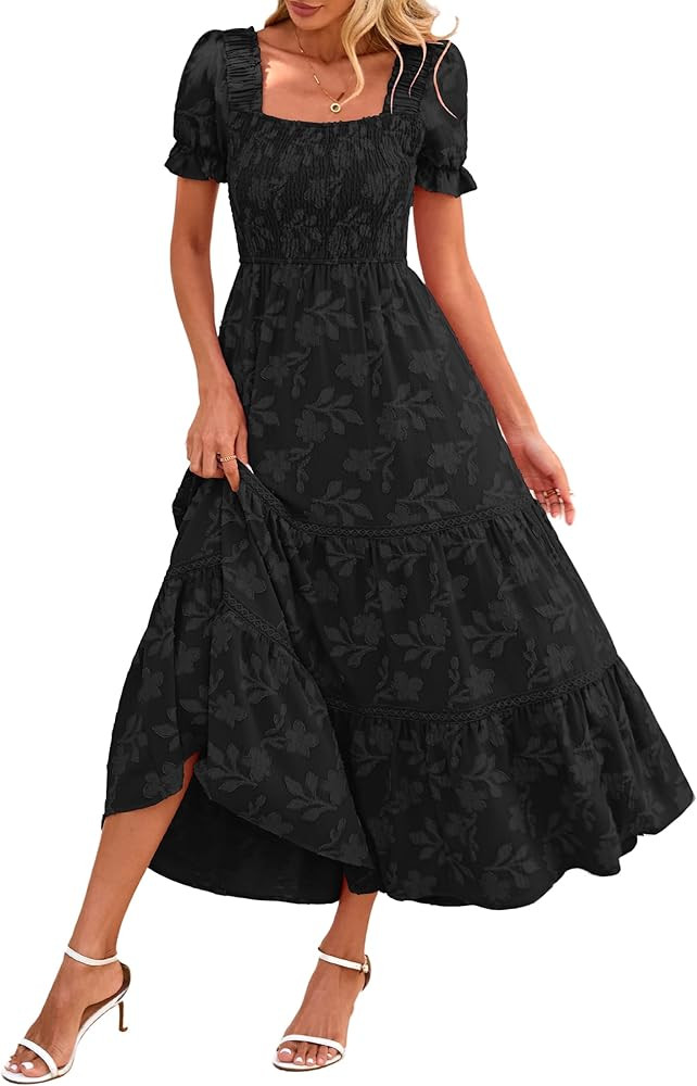 Lazysmile Women's Summer Boho Floral Maxi Dress Short Sleeve Square Neck Smocked Ruffle Elegant W... | Amazon (US)